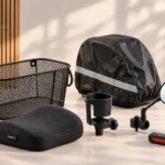 Scootmobielaccessoires: mand, kussen, regenhoes, spiegel en bekerhouder