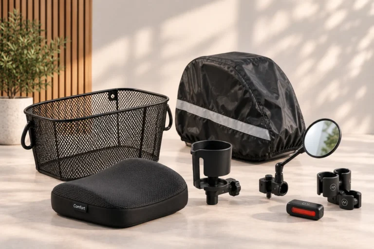 Scootmobielaccessoires: mand, kussen, regenhoes, spiegel en bekerhouder