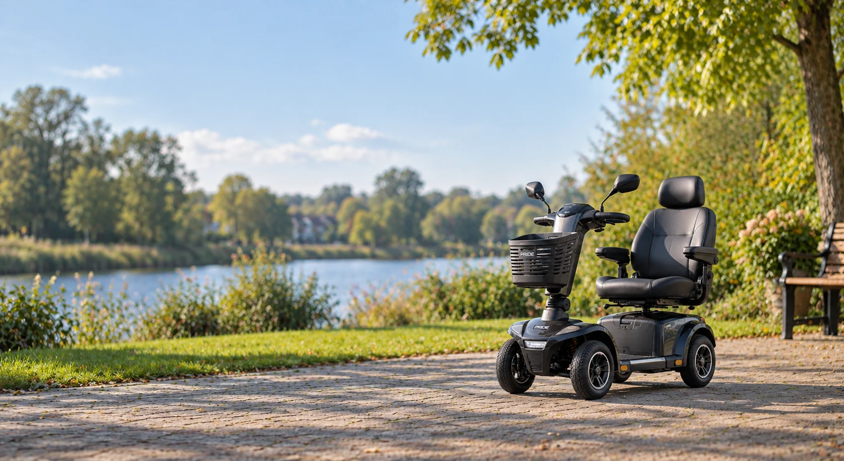 Zwarte Pride-scootmobiel op een klinkerpad aan het water