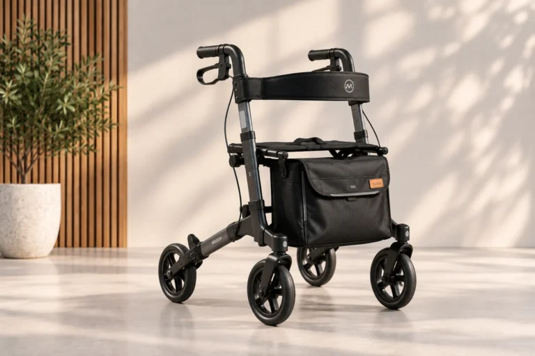 Zwarte rollator met tas in een lichte ruimte met planten en houten lamellen