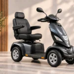 Grijze scootmobiel in een lichte ruimte met planten en houten lamellen