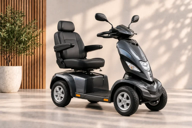 Grijze scootmobiel in een lichte ruimte met planten en houten lamellen